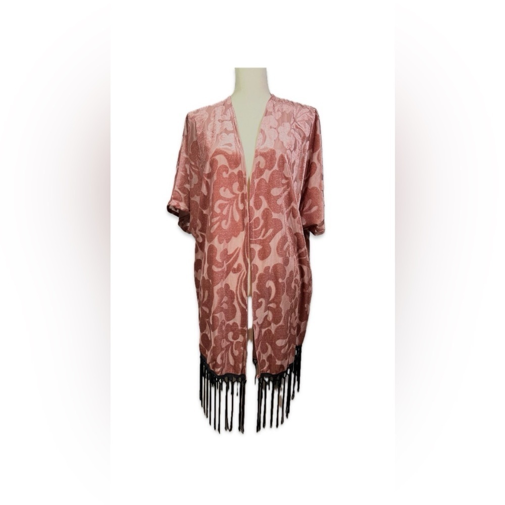Vocal Textured Duster Size M Peachy Pink with Black Fringe Short Sleeve Burnout